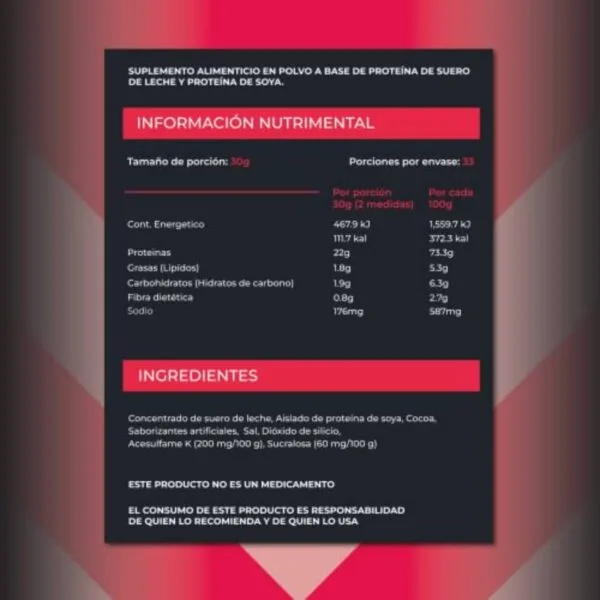 Etiqueta Proteína Macfitness V1 MACFITNESS PROTEIN, Proteína de suero de leche y aislado de soya, Enriquecido con Glutamina y Arginina, Baja en carbohidratos, Presentación en polvo, 1 Kg, Rinde 33 porciones