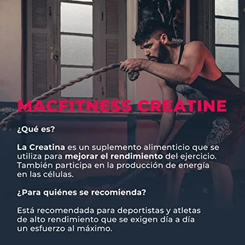 creatina_beneficios MACFITNESS CREATINE. Creatina Monohidratada de Alta Pureza en Polvo Sin Sabor. Porción de 5 g. Preworkout, Alto Rendimiento. 60 porciones. 300 g.