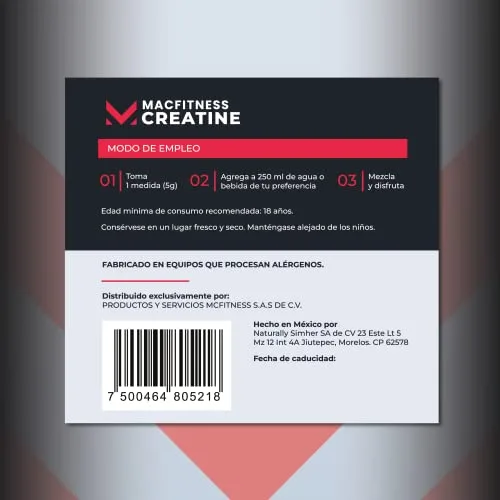 creatina_etiqueta_modo_de_empleo_creatina MACFITNESS CREATINE. Creatina Monohidratada de Alta Pureza en Polvo Sin Sabor. Porción de 5 g. Preworkout, Alto Rendimiento. 60 porciones. 300 g.