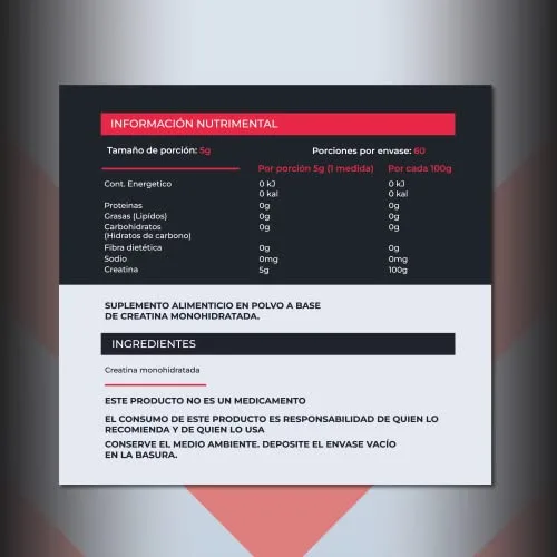 creatina_etiqueta_posterior MACFITNESS CREATINE. Creatina Monohidratada de Alta Pureza en Polvo Sin Sabor. Porción de 5 g. Preworkout, Alto Rendimiento. 60 porciones. 300 g.