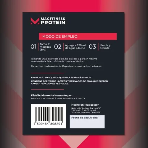 Etiqueta uso Proteina con barras MACFITNESS PROTEIN, Proteína de suero de leche y aislado de soya, Enriquecido con Glutamina y Arginina, Baja en carbohidratos, Presentación en polvo, 1 Kg, Rinde 33 porciones